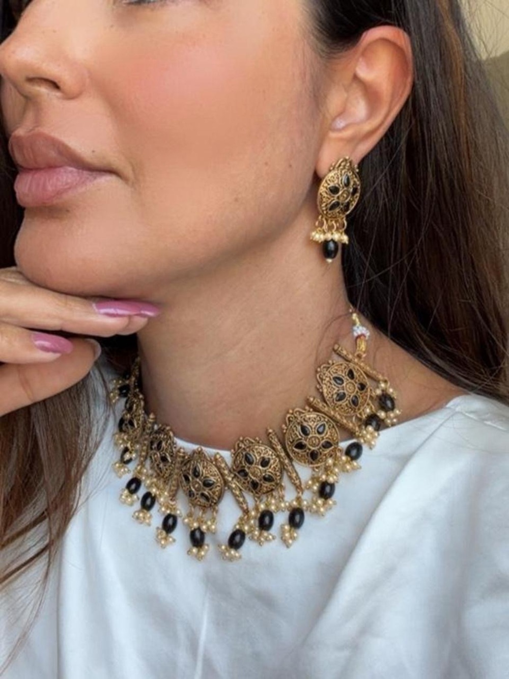 Gold and Black Filigree Statement Necklace & Earring Set - Women Jewelry